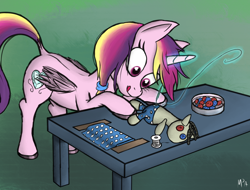 Size: 1938x1472 | Tagged: safe, artist:mostlyponyart, character:princess cadance, character:smarty pants, species:alicorn, species:pony, button, dock, needle, sewing, teenager, thread, tongue out