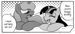 Size: 775x358 | Tagged: safe, artist:aoi takayuki, edit, character:princess luna, character:twilight sparkle, species:alicorn, species:pony, comic:pony love 2, cropped, doujin, explicit series, explicit source, eyes closed, monochrome, reaction image, smiling, translation