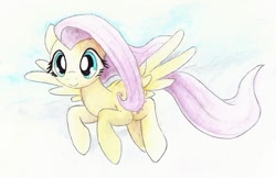 Size: 964x625 | Tagged: safe, artist:astevenamedwolf, character:fluttershy, species:pegasus, species:pony, female, flying, mare, smiling, solo, spread wings, three quarter view, traditional art, watercolor painting, wings