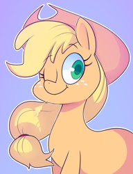 Size: 793x1031 | Tagged: safe, artist:norithecat, character:applejack, species:earth pony, species:pony, blue background, clothing, cowboy hat, female, freckles, hat, looking at you, mare, one eye closed, simple background, white outline