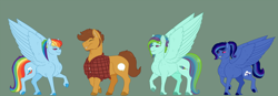 Size: 1600x559 | Tagged: safe, artist:ganashiashaka, character:quibble pants, character:rainbow dash, oc, oc:feather dart, oc:storm streak, parent:quibble pants, parent:rainbow dash, parents:quibbledash, species:pegasus, species:pony, ship:quibbledash, clothing, female, green background, male, mare, natural hair color, offspring, shipping, shirt, simple background, stallion, straight