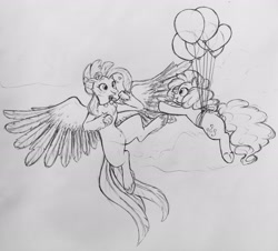 Size: 3021x2731 | Tagged: source needed, safe, artist:breezietype, character:pinkie pie, character:princess skystar, species:classical hippogriff, species:earth pony, species:hippogriff, species:pony, ship:skypie, my little pony: the movie (2017), balloon, black and white, chest fluff, cloud, female, floating, frog (hoof), grayscale, jewelry, lesbian, monochrome, necklace, shell, shipping, sketch, then watch her balloons lift her up to the sky, traditional art, underhoof