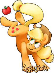 Size: 1985x2679 | Tagged: safe, artist:luximus17, character:applejack, species:earth pony, species:pony, apple, bucking, cute, female, food, jackabetes, looking back, looking up, mare, name, simple background, solo, transparent background
