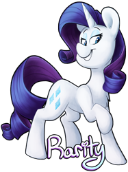 Size: 1572x2100 | Tagged: safe, artist:luximus17, character:rarity, species:pony, species:unicorn, chest fluff, cute, female, head turn, looking sideways, mare, name, raised hoof, raribetes, simple background, smiling, solo, standing, transparent background