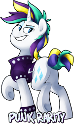 Size: 1506x2512 | Tagged: safe, artist:luximus17, character:rarity, species:pony, species:unicorn, alternate hairstyle, clothing, cute, female, jacket, leather jacket, looking back, looking sideways, mare, name, punk, punkity, raised hoof, raised leg, raribetes, simple background, smiling, smug, solo, spiked wristband, standing, transparent background, wristband