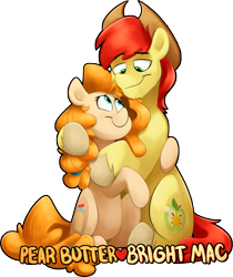 Size: 2351x2796 | Tagged: safe, artist:luximus17, character:bright mac, character:pear butter, species:earth pony, species:pony, ship:brightbutter, cute, female, hug, looking at each other, male, name, pearabetes, shipping, simple background, sitting, smiling, straight, transparent background