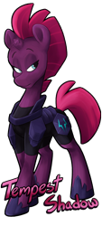 Size: 1250x2772 | Tagged: safe, artist:luximus17, character:fizzlepop berrytwist, character:tempest shadow, species:pony, species:unicorn, my little pony: the movie (2017), armor, broken horn, cute, female, lidded eyes, looking away, looking sideways, mare, name, simple background, solo, standing, tempestbetes, transparent background