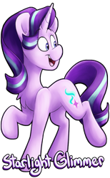Size: 1401x2270 | Tagged: safe, artist:luximus17, character:starlight glimmer, species:pony, species:unicorn, chest fluff, cute, female, glimmerbetes, head turn, looking at something, looking away, mare, name, open mouth, raised hoof, raised leg, simple background, smiling, solo, standing, transparent background