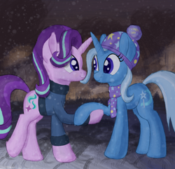 Size: 2850x2750 | Tagged: safe, artist:litrojia, character:starlight glimmer, character:trixie, species:pony, species:unicorn, ship:startrix, clothing, cute, diatrixes, female, glimmerbetes, hat, holding hooves, lesbian, looking at each other, mare, night, scarf, shipping, snow, sweater, winter