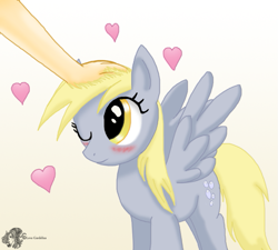 Size: 773x695 | Tagged: safe, artist:lova-gardelius, character:derpy hooves, species:human, species:pegasus, species:pony, arm, blushing, cute, dawwww, female, hand, heart, human on pony petting, mare, one eye closed, petting, wingboner