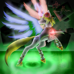 Size: 5800x5800 | Tagged: safe, artist:florarena-kitasatina/dragonborne fox, species:pony, species:unicorn, a bajillion light sources, absurd resolution, artificial alicorn, augmented, clothing, crossover, cyberspace, female, flower, fragmented wings, hime (suguri), jewelry, magic, magic wings, orb, plasma wings, ponified, rearing, rose, shawl, shoes, signature, solo, watermark, wings