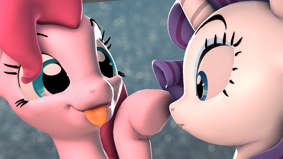 Size: 933x525 | Tagged: safe, artist:hellhounds04, character:pinkie pie, character:rarity, species:earth pony, species:pony, species:unicorn, 3d, animated, blep, boop, cute, duo, eyes closed, female, frown, mare, nose wrinkle, open mouth, silly, silly pony, smiling, source filmmaker, sweet dreams fuel, tongue out, wide eyes