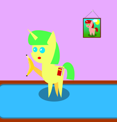 Size: 1994x2076 | Tagged: safe, artist:alltimemine, oc, oc:glowink, oc:paper clip, species:pony, species:unicorn, ask, ask the filly from russia(paper clip), banana, cutie mark, female, food, horn, inkscape, mare, open mouth, pointy ponies, smiling, solo, tumblr, vector