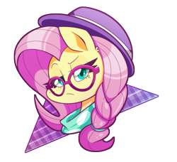 Size: 659x600 | Tagged: safe, artist:pegasisters82, character:fluttershy, species:pony, alternate hairstyle, braid, bust, clothing, female, glasses, hat, hipstershy, lidded eyes, looking at you, mare, portrait, simple background, solo, transparent background
