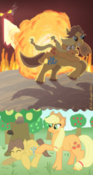 Size: 616x1146 | Tagged: safe, artist:bibliodragon, character:applejack, character:caramel, ship:carajack, caramel is awesome, dream, female, male, rescue, shipping, sleeping, straight