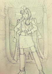 Size: 726x1024 | Tagged: safe, artist:daisymane, character:starlight glimmer, species:human, boots, clothing, equal cutie mark, female, hat, humanized, jacket, military uniform, monochrome, pencil drawing, shoes, skirt, solo, stalin glimmer, traditional art, uniform