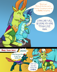 Size: 1024x1308 | Tagged: safe, artist:azurllinate, character:pharynx, character:prince pharynx, character:princess ember, character:thorax, species:changeling, species:dragon, species:reformed changeling, changeling overfeeding, changeling x dragon, comic, cross-popping veins, dragoness, embrax, exclamation point, fat, female, interrobang, interspecies, male, older, overweight, question mark, shipping, sitting, straight, thorlard, weight gain