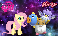 Size: 1440x900 | Tagged: safe, artist:arcgaming91, artist:twls7551, character:fluttershy, species:bird, species:owl, coo, crossover, fish, hamster, kine, kirby, kirby star allies, rick, sunfish