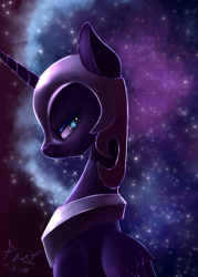Size: 2400x3360 | Tagged: safe, artist:foughtdragon01, character:nightmare moon, character:princess luna, species:alicorn, species:pony, female, flowing mane, helmet, high res, looking back, mare, regalia, signature, slit eyes, solo