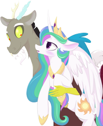 Size: 2000x2451 | Tagged: safe, artist:hirundoarvensis, character:discord, character:princess celestia, species:alicorn, species:draconequus, species:pony, ship:dislestia, blushing, female, high res, holding a pony, male, shipping, simple background, straight, transparent background