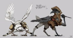 Size: 2560x1340 | Tagged: safe, artist:quiet-victories, albino, armor, barely pony related, colored sketch, damaged wing, duo, duo male, fantasy class, hood, knife, leather armor, male, mouth hold, original species, ravenwolf, red eyes, rogue, weapon