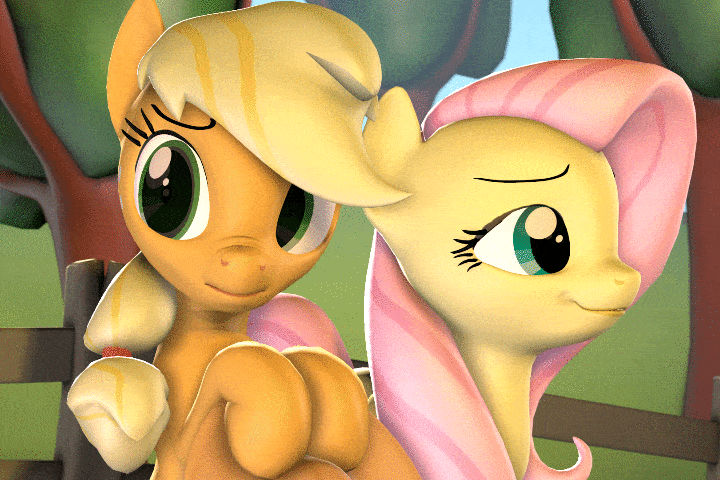Size: 720x480 | Tagged: safe, artist:hellhounds04, character:applejack, character:fluttershy, species:earth pony, species:pegasus, species:pony, ship:appleshy, 3d, animated, cute, dawwww, expressions, female, jackabetes, kiss on the cheek, kissing, lesbian, mare, scrunchy face, shipping, shrunken pupils, shyabetes, silly, silly pony, source filmmaker, surprise kiss, surprised, who's a silly pony