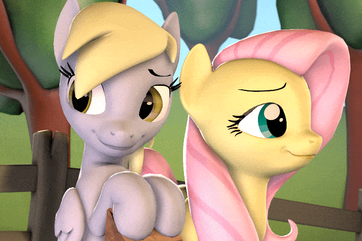 Size: 720x480 | Tagged: safe, artist:hellhounds04, character:derpy hooves, character:fluttershy, species:pegasus, species:pony, ship:derpyshy, 3d, animated, cute, derpabetes, female, kiss on the cheek, kissing, lesbian, mare, scrunchy face, shipping, shyabetes, source filmmaker, surprise kiss, surprised