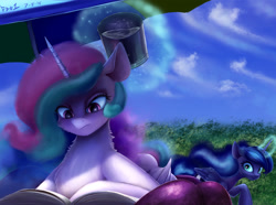 Size: 1300x966 | Tagged: safe, artist:foughtdragon01, character:princess celestia, character:princess luna, species:alicorn, species:pony, book, female, glowing horn, magic, mare, reading, smiling, telekinesis, this will end in banishment, trolluna