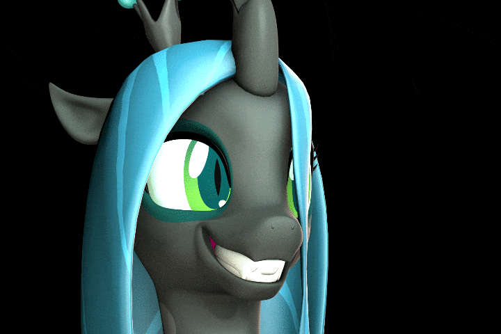 Size: 720x480 | Tagged: safe, artist:hellhounds04, character:queen chrysalis, oc, oc:shelby, species:changeling, species:pony, species:unicorn, 3d, animated, black background, changeling queen, confused, eeee, facehug, fangs, female, frown, grin, gritted teeth, mare, open mouth, simple background, skree, smiling, source filmmaker, this will end in tears and/or death, wat, wide eyes