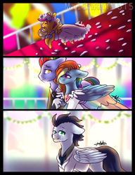 Size: 590x768 | Tagged: safe, artist:malinraf1615, character:bow hothoof, character:rainbow dash, character:scootaloo, character:soarin', species:pegasus, species:pony, ship:soarindash, bride, clothing, dress, female, floral head wreath, flower, flower filly, flower girl, flower girl dress, male, marriage, mouth hold, shipping, straight, suit, wedding, wedding dress, wedding suit
