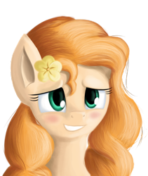 Size: 2558x3038 | Tagged: safe, artist:qbellas, character:pear butter, species:pony, episode:the perfect pear, g4, my little pony: friendship is magic, blushing, eyelashes, female, flower, lidded eyes, mare, scene interpretation, simple background, smiling, smirk, solo, transparent background