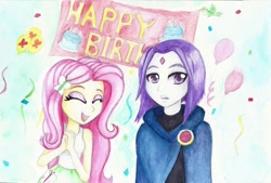 Size: 1024x692 | Tagged: safe, artist:astevenamedwolf, character:fluttershy, my little pony:equestria girls, clothing, crossover, cute, eyes closed, female, happy birthday, raven (teen titans), shyabetes, smiling, traditional art