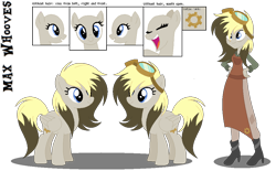 Size: 1020x631 | Tagged: safe, artist:nightmarye, oc, oc only, oc:max whooves, parent:derpy hooves, parent:doctor whooves, parents:doctorderpy, species:pegasus, species:pony, my little pony:equestria girls, female, goggles, mare, offspring, reference sheet, simple background, solo, transparent background