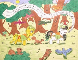 Size: 3789x2917 | Tagged: safe, artist:jamestkelley, character:applejack, character:coloratura, species:bird, cute, forest, happy, jackabetes, music notes, rarabetes, singing, snow white, squirrel, traditional art, tree