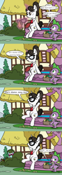 Size: 2893x8156 | Tagged: safe, artist:pony4koma, character:photo finish, character:raven inkwell, character:spike, ship:ravenspike, blushing, camera, camouflage, glasses, hair bun, implied lesbian, paparazzi, ponyville, pose, sexy, shipping, shopping