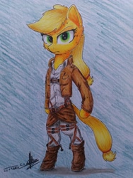 Size: 3096x4128 | Tagged: safe, artist:ironbeastz, character:applejack, attack on titan, bipedal, female, solo, traditional art