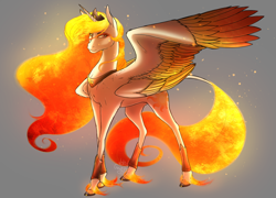 Size: 1024x736 | Tagged: safe, artist:bootsdotexe, character:princess celestia, species:alicorn, species:pony, comic:beyond our borders, alternate design, alternate universe, colored fetlocks, ethereal fetlocks, ethereal mane, female, four wings, gray background, mane of fire, mane on fire, mare, multiple wings, semi-grimdark series, simple background, smiling, solo, suggestive series, unshorn fetlocks, wings