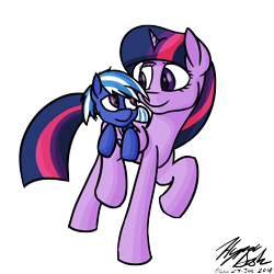 Size: 5276x5276 | Tagged: safe, alternate version, artist:hyper dash, character:twilight sparkle, character:twilight sparkle (alicorn), oc, oc:evening mist, species:alicorn, species:pegasus, species:pony, absurd resolution, commission, cute, horse riding a horse, looking at each other, ocbetes, ponies riding ponies, raised hoof, riding, riding a pony, simple background, transparent background
