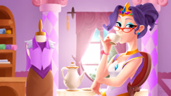 Size: 1920x1080 | Tagged: safe, artist:didj, character:rarity, species:human, carousel boutique, clothing, crown, cup, female, food, glasses, humanized, jewelry, my little mages, raritea, regalia, solo, tea, teacup, teapot
