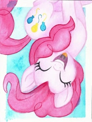 Size: 670x882 | Tagged: safe, artist:astevenamedwolf, character:pinkie pie, species:pony, eyes closed, female, in which pinkie pie forgets how to gravity, mare, movie accurate, open mouth, pinkie being pinkie, pinkie physics, smiling, solo, upside down