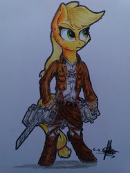 Size: 3096x4128 | Tagged: safe, artist:ironbeastz, character:applejack, attack on titan, bipedal, female, solo, traditional art, weapon