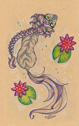 Size: 753x1200 | Tagged: safe, artist:striped-chocolate, rcf community, oc, species:zebra, braid, female, flower, lily pad, looking at you, looking up, simple background, solo, traditional art, water, water lily, zebra oc