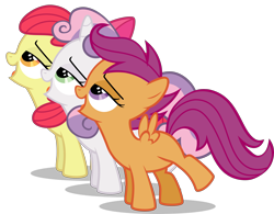 Size: 3466x2698 | Tagged: safe, artist:drewdini, character:apple bloom, character:scootaloo, character:sweetie belle, species:earth pony, species:pegasus, species:pony, species:unicorn, bedroom eyes, cutie mark crusaders, female, filly, high res, leaning forward, simple background, transparent background, trio, vector