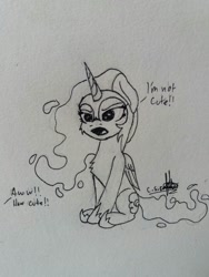 Size: 774x1032 | Tagged: safe, artist:ironbeastz, character:nightmare moon, character:princess luna, species:pony, chibi, cute, female, i'm not cute, monochrome, moonabetes, sitting, solo, traditional art