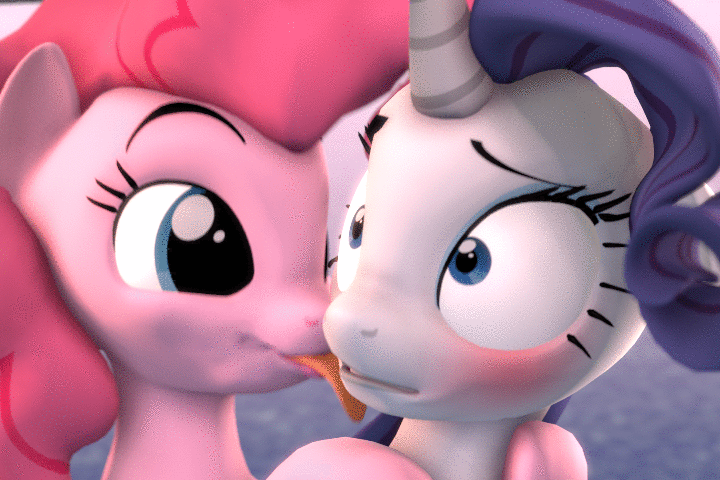 Size: 720x480 | Tagged: safe, artist:hellhounds04, character:pinkie pie, character:rarity, species:earth pony, species:pony, species:unicorn, ship:raripie, 3d, animated, blushing, face licking, female, gif, lesbian, licking, licking face, mare, mlem, shipping, shrunken pupils, silly, source filmmaker, tongue out, wat