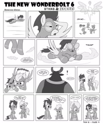 Size: 1600x1917 | Tagged: safe, artist:marmorexx, character:fleetfoot, character:high winds, character:lord tirek, character:soarin', character:spitfire, character:surprise, species:pony, comic:the new wonderbolt, comic, exclamation point, goggles, monochrome