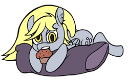 Size: 1000x646 | Tagged: safe, artist:icey-wicey-1517, artist:sepiakeys, edit, character:derpy hooves, species:pegasus, species:pony, color edit, colored, eyeshadow, female, food, makeup, mare, muffin, nom, pillow, simple background, solo, white background
