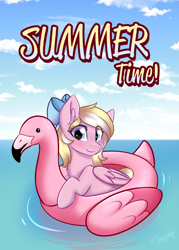 Size: 1970x2752 | Tagged: safe, artist:sonigiraldo, oc, oc only, oc:bay breeze, species:pegasus, species:pony, blushing, bow, cloud, cute, female, flamingo, floaty, hair bow, inflatable, inflatable toy, looking at you, mare, ocean, pool toy, sky, text