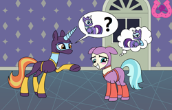 Size: 1024x657 | Tagged: safe, artist:author92, character:coco pommel, character:sassy saddles, species:earth pony, species:pony, species:unicorn, alternate costumes, blushing, brightly colored ninjas, floppy ears, kunoichi, mask, ninja, pictogram, rarity for you