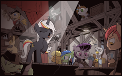 Size: 5465x3401 | Tagged: safe, artist:php104, oc, oc only, oc:littlepip, oc:velvet remedy, species:earth pony, species:griffon, species:pony, species:unicorn, fallout equestria, appleloosa, bar, beverage, bottle, chapter 7, cigarette, clothing, cutie mark, drunk, eyes closed, fanfic, fanfic art, female, freckles, glass, griffon oc, gun, handgun, hat, hoof hold, hooves, horn, lying down, male, mare, microphone, music, open mouth, piano, pipbuck, playing, playing card, rain, revolver, scar, singing, sitting, slaver, smoking, spotlight, stage, stallion, standing, table, teeth, vault suit, wall of tags, wings